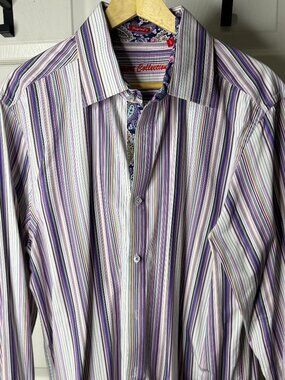 Report Collection Striped Flip Cuff Dress Shirt XL Paisley Contrast